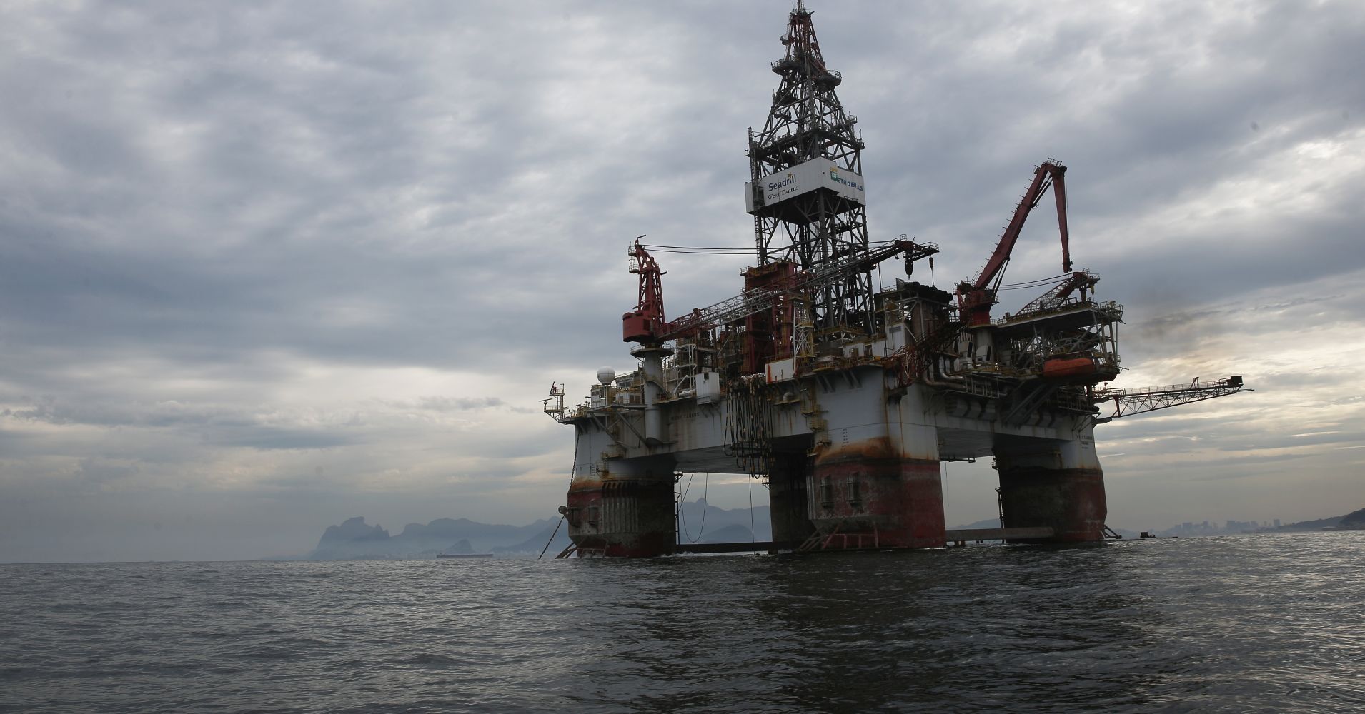 A Petrobras oil platform floats in the Atlantic Ocean near Guanabara Bay in Rio de Janeiro.