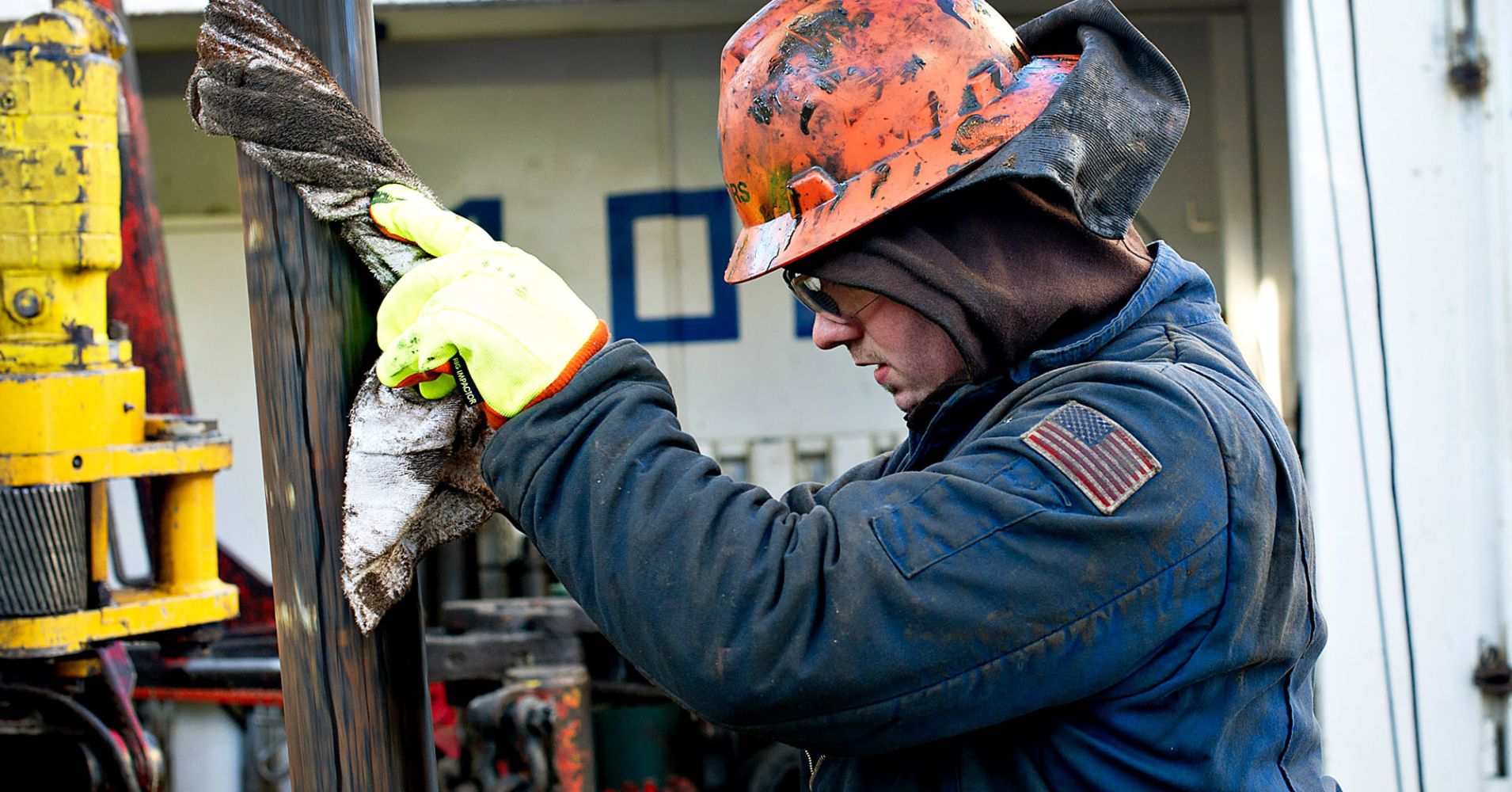 A worker on a an oil drill near New Town, North Dakota.