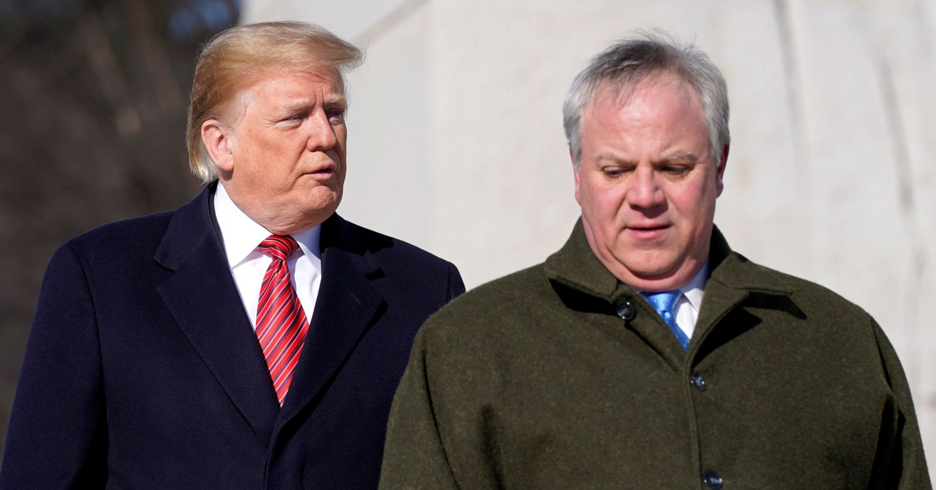 U.S. President Donald Trump and acting U.S. Secretary of Interior David Bernhardt arrive to place a wreath at the Martin Luther King Memorial in Washington, U.S., January 21, 2019.