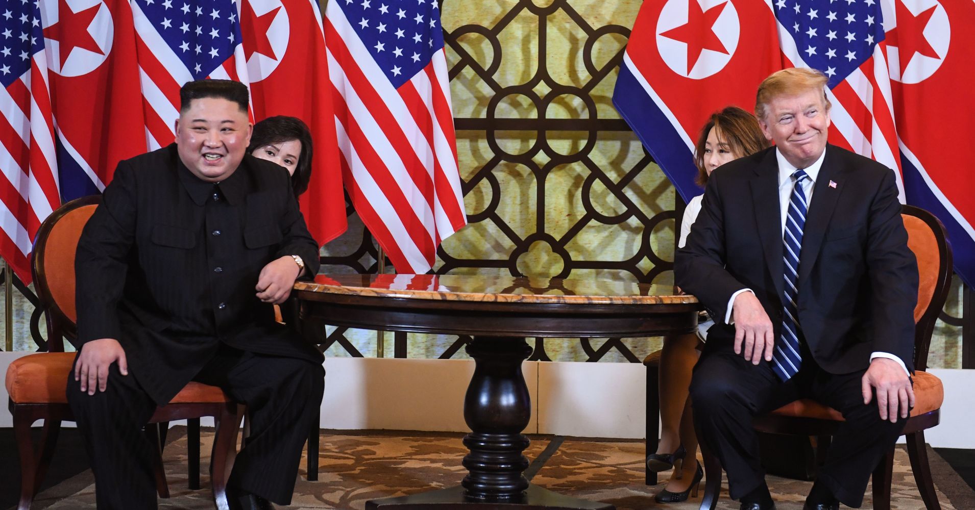 U.S. President Donald Trump and North Korean leader Kim Jong Un smile during a meeting at the second U.S.-North Korea summit in Hanoi on Feb. 28, 2019.