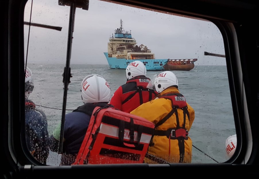 RNLI lifeboat evacuates crewman from Maersk Laser anchor handler