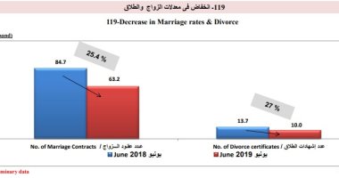 "المركزى للإحصاء": 25.4% تراجعا فى معدلات الزواج.. والطلاق ينخفض بنسبة 27%